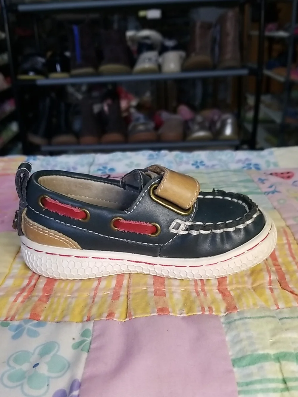 Livie & Luca Navy and Tan Leather Hook-and-Loop Loafers Size 4